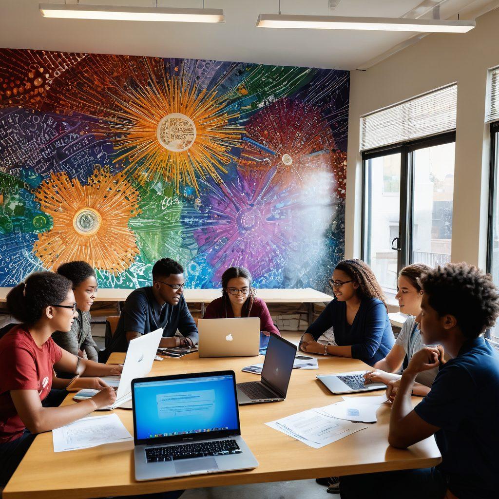 A diverse group of enthusiastic young people of different ethnicities, collaborating around a large table filled with laptops and job application materials. In the background, a bright, inspiring mural representing various career paths like science, art, and technology. Sunlight streaming through large windows symbolizes hope and opportunity. An inviting atmosphere that encourages creativity and teamwork. vibrant colors. super-realistic.