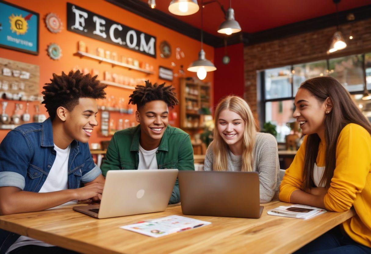 A diverse group of teenagers excitedly discussing various job opportunities in a vibrant coffee shop setting, with laptops and colorful resumes spread across the table. Include various career symbols like gears, a lightbulb, and money signs in the background to represent flexible jobs and career pathways. Bright and inviting colors to convey optimism and opportunities for young adults. super-realistic. vibrant colors. cozy atmosphere.